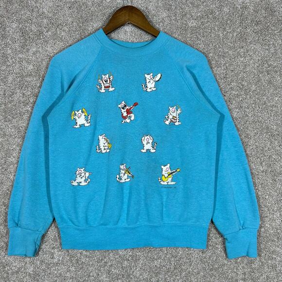Vintage 80's Jim Benton Cats Band Crewneck Sweatshirt Raglan USA Made Small - Picture 1 of 8